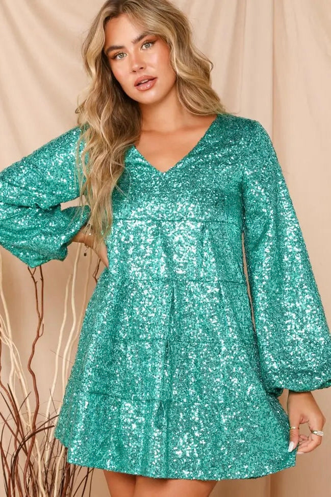 Dance The Night Away Sequin Tiered Baby Doll Dress in Green