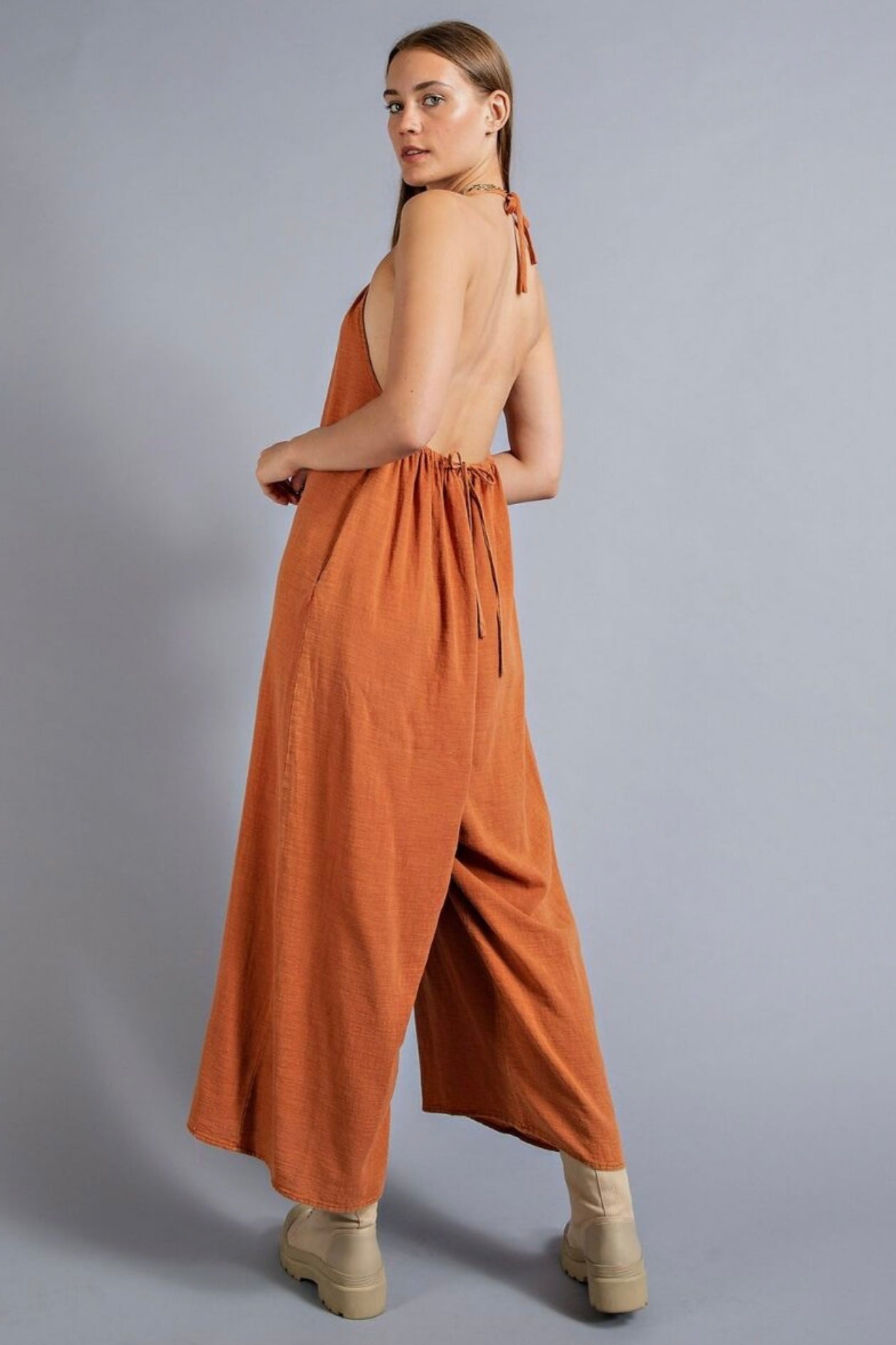 Sophia Wide Leg Washed Linen Jumpsuit in Brick