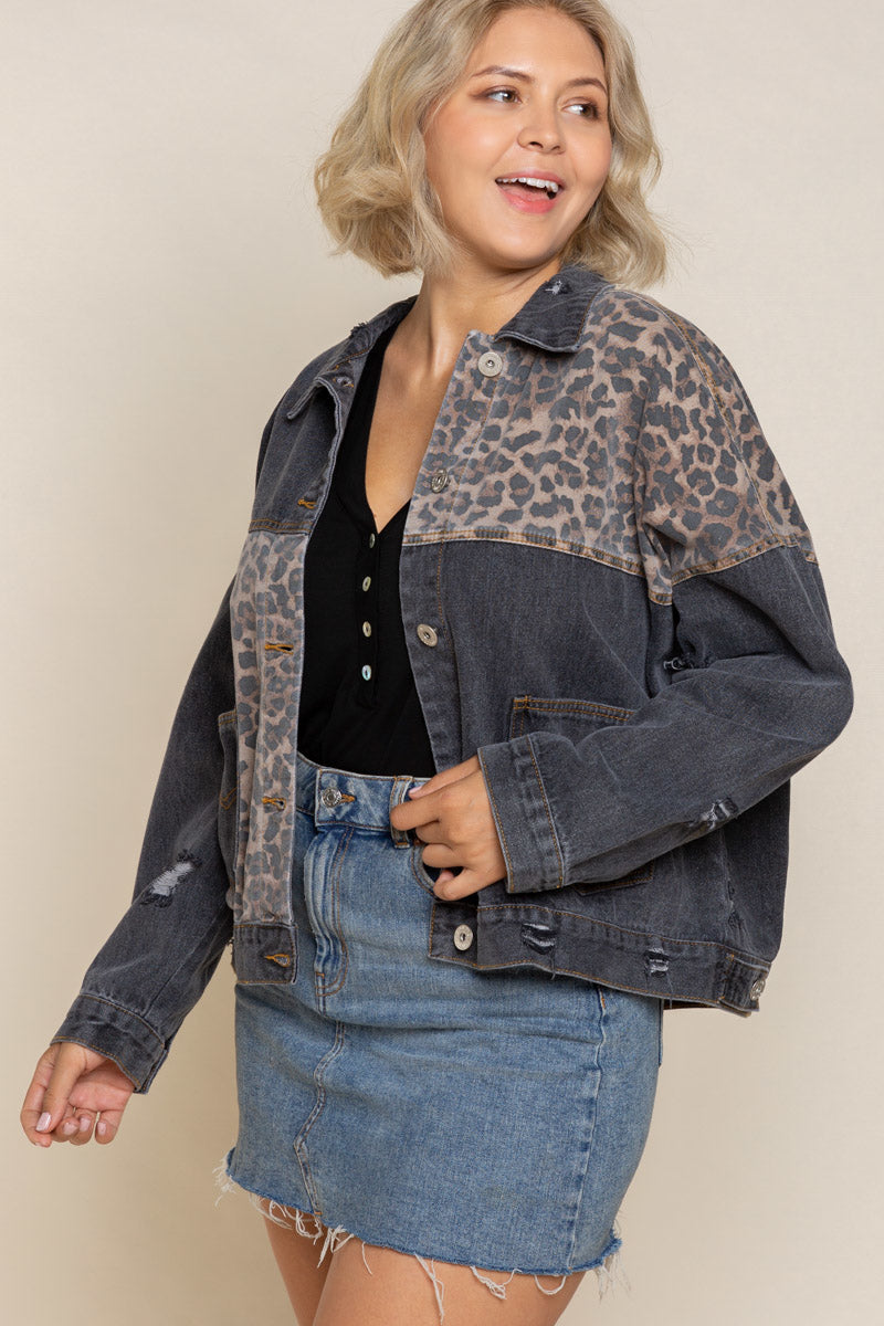 Ellie Leopard Print Denim Jacket in Vintage Black