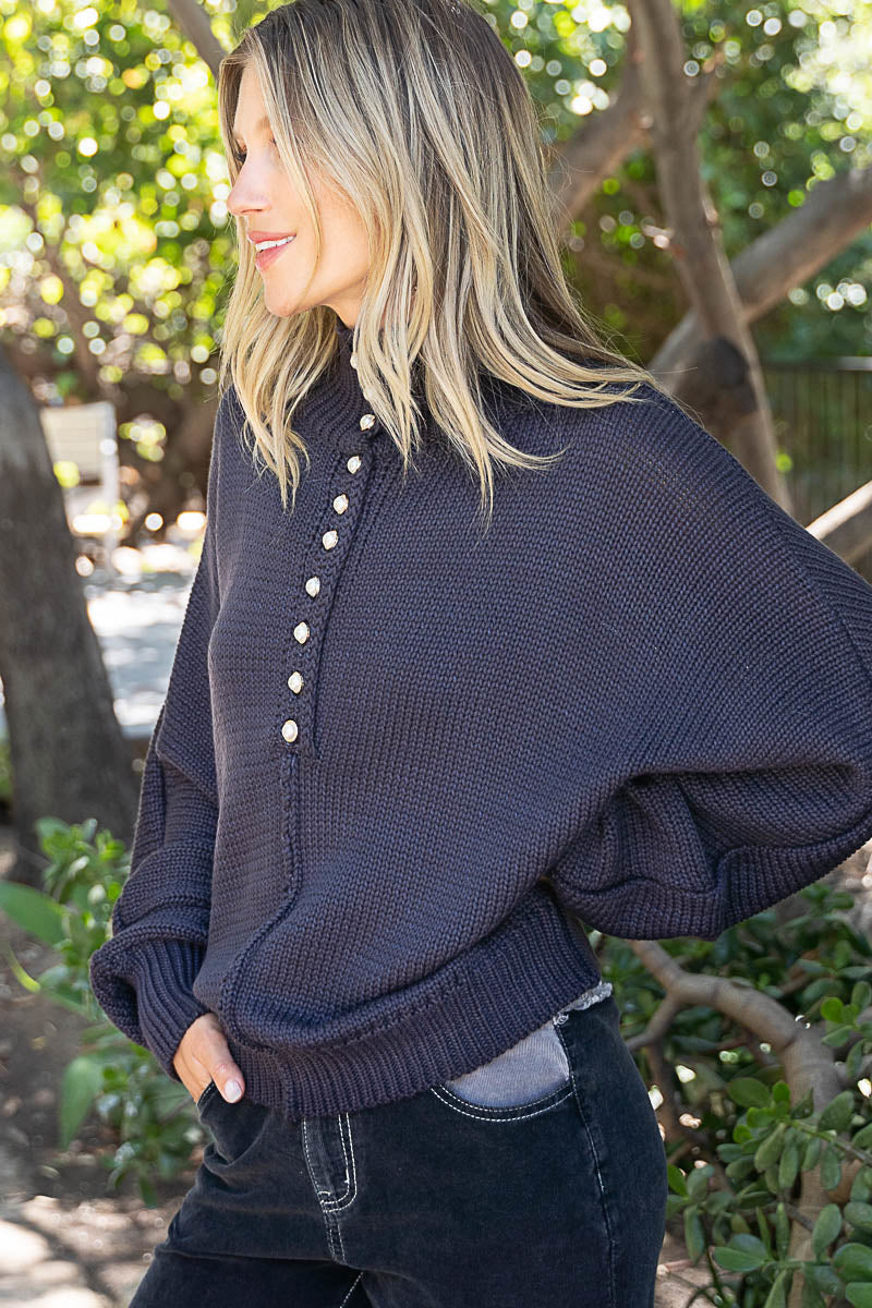 All The Love Pearl Button Turtleneck Sweater in Charcoal