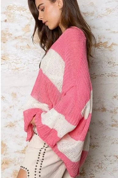 Consider it Done Oversized Sweater Top in Ivory/Barbie Pink