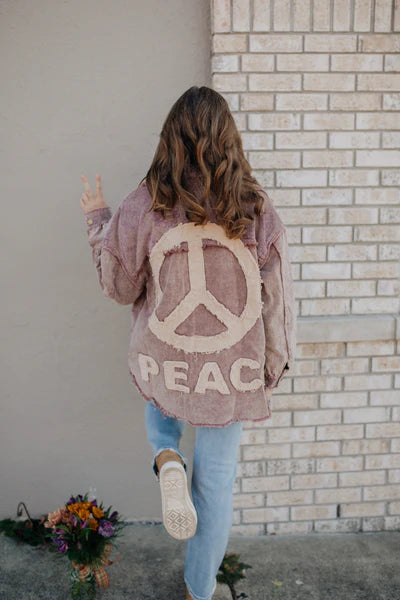 Peace Out Mineral Washed Button Up  Shacket in Plum