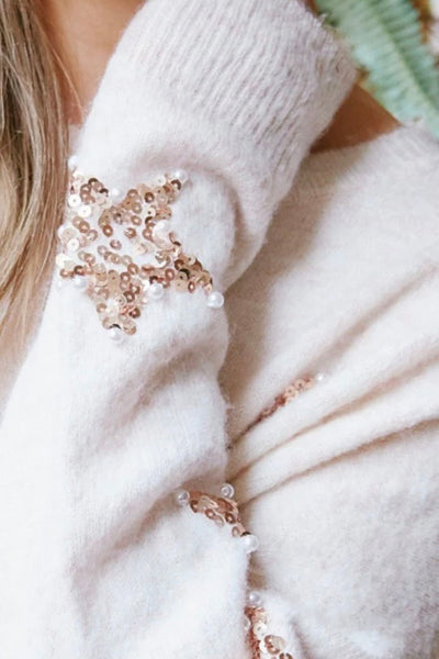 Oh My Stars Sequin + Pearls Sweater in Oatmeal