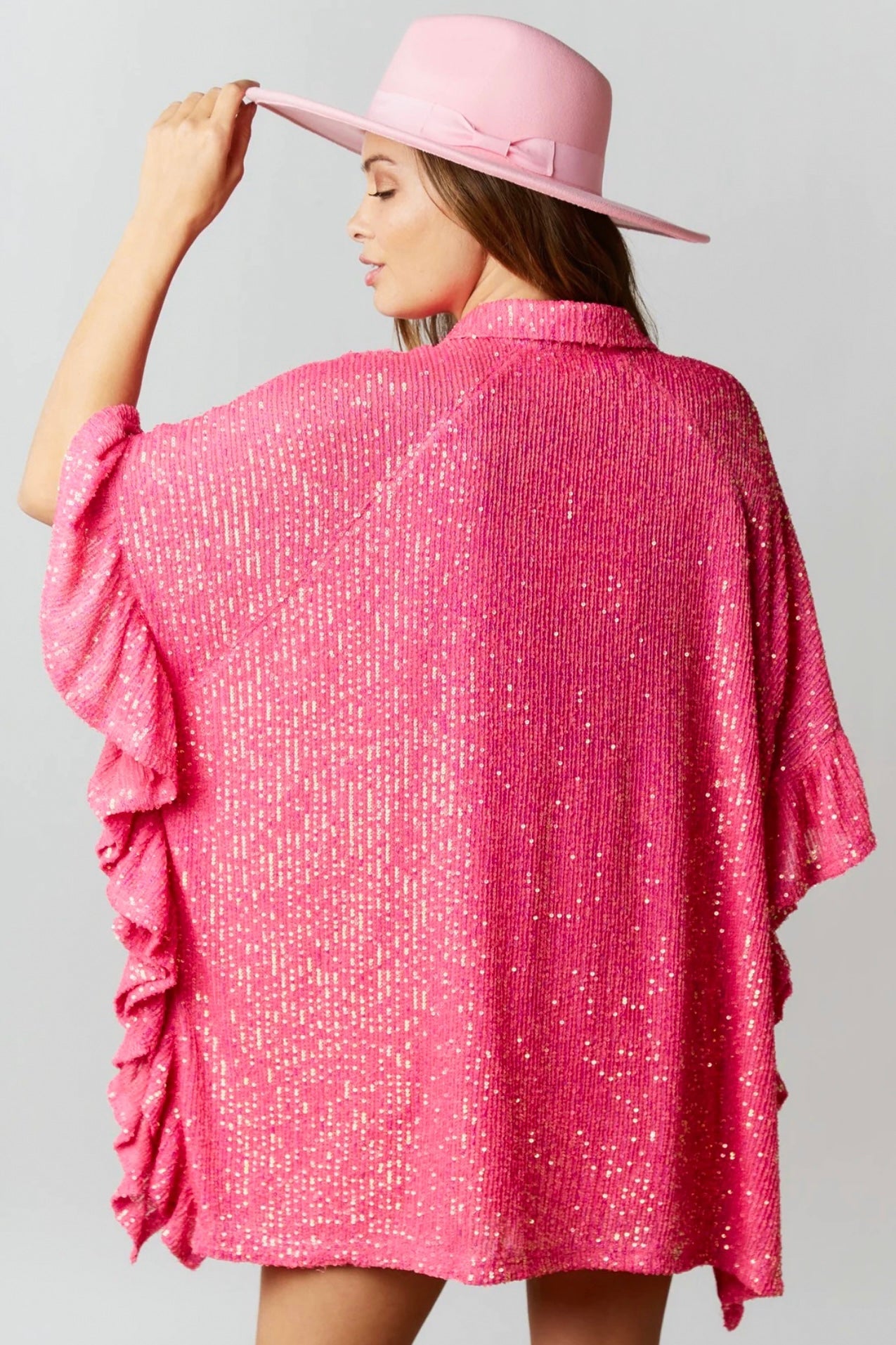 Sweet Dream Sequin Poncho Button-Down Tunic in Hot Pink