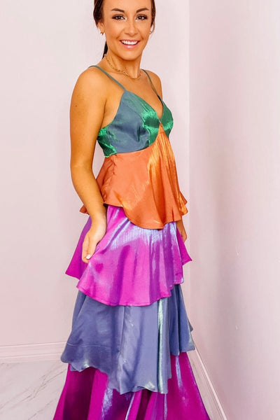 Harvest Hour Tiered Colorblock Dress in Emerald/Purple