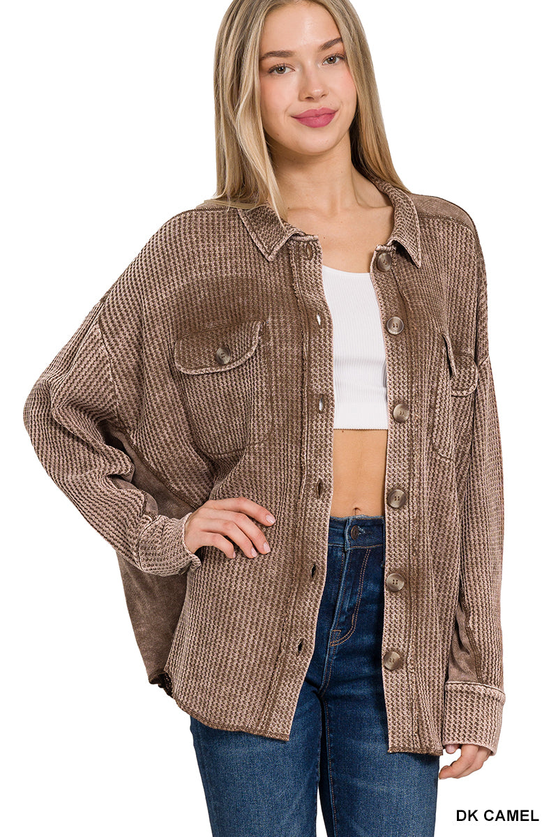 Meet You There Cotton Waffle Acid Wash Oversized Shacket in Dark Camel
