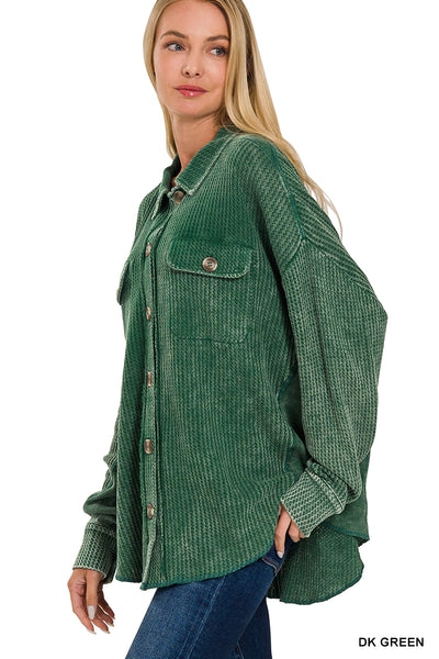Meet You There Cotton Waffle Acid Wash Oversized Shacket in Dark Green