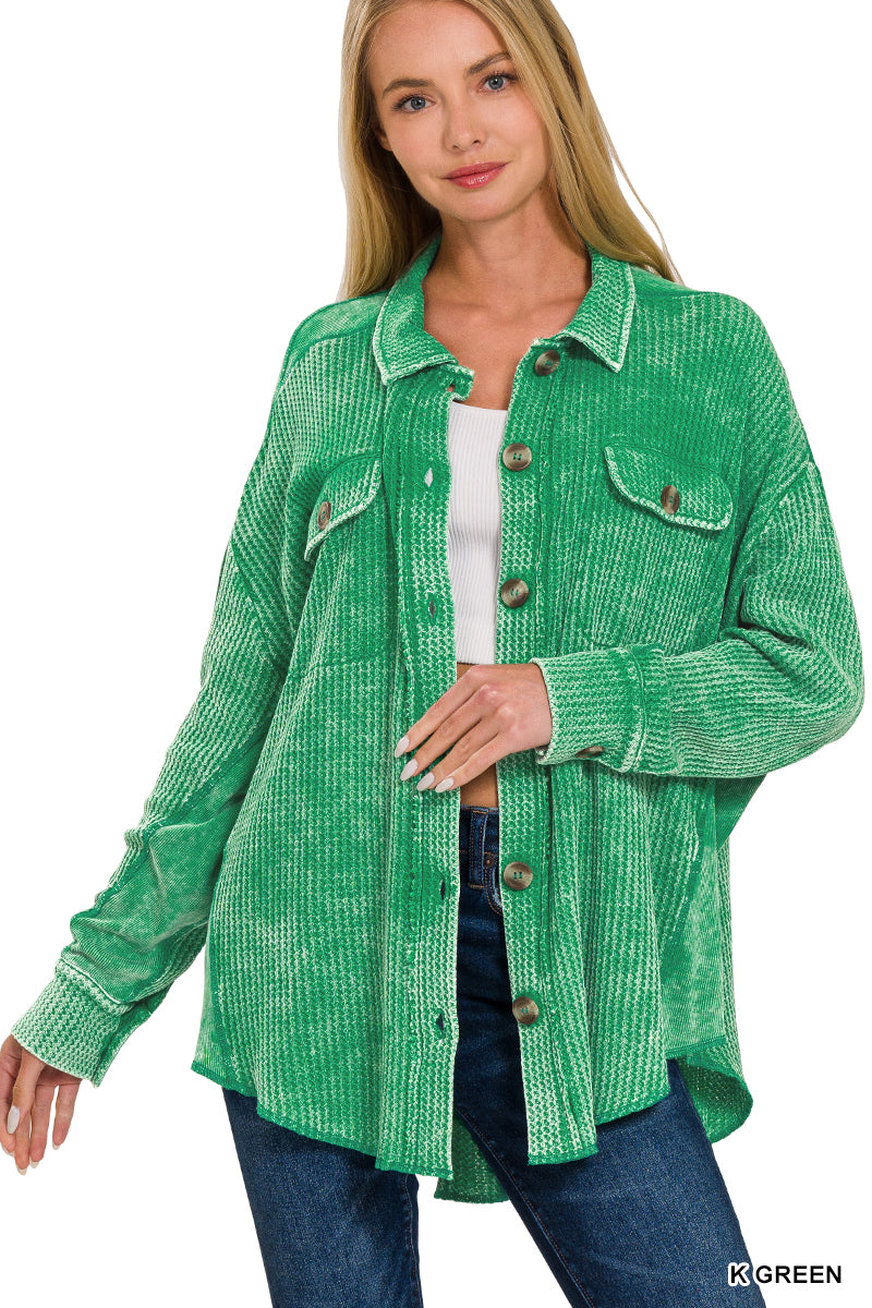 Meet You There Cotton Waffle Acid Wash Oversized Shacket in Kelly Green