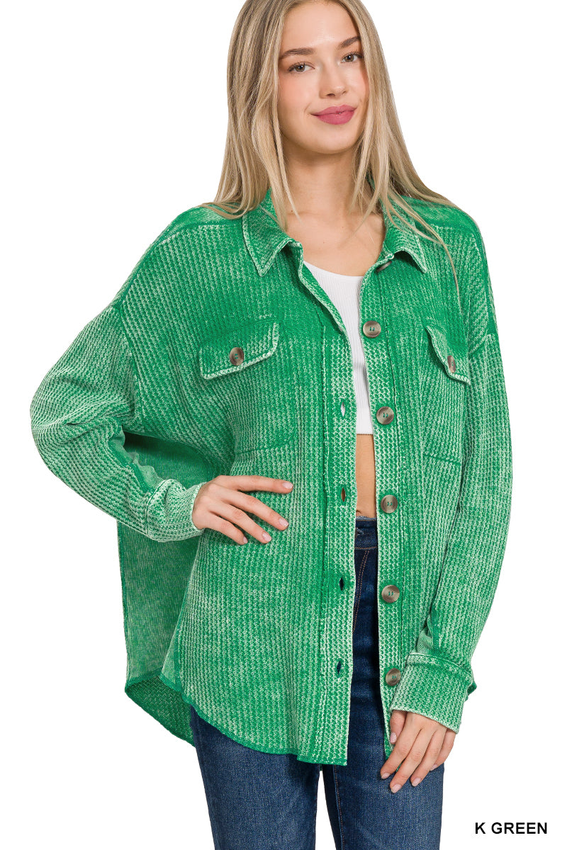 Meet You There Cotton Waffle Acid Wash Oversized Shacket in Kelly Green
