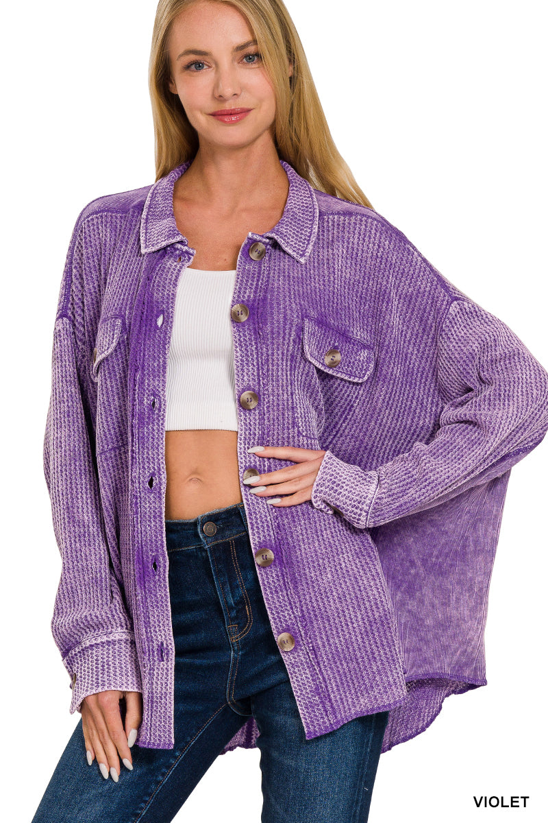 Meet You There Cotton Waffle Acid Wash Oversized Shacket in Violet