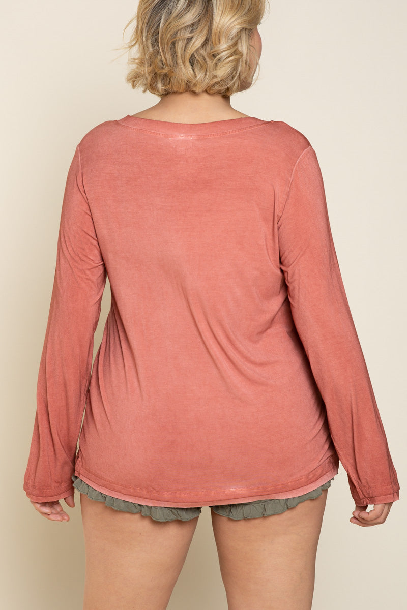Double Down Long Sleeve Double Hem Tee in Brick Red