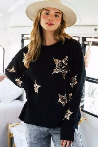 Oh My Stars Sequin + Pearls Sweater in Black