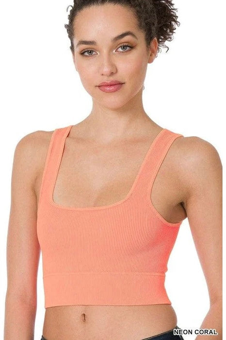 Maddie Washed Ribbed Crop Top Bralette in Neon Coral