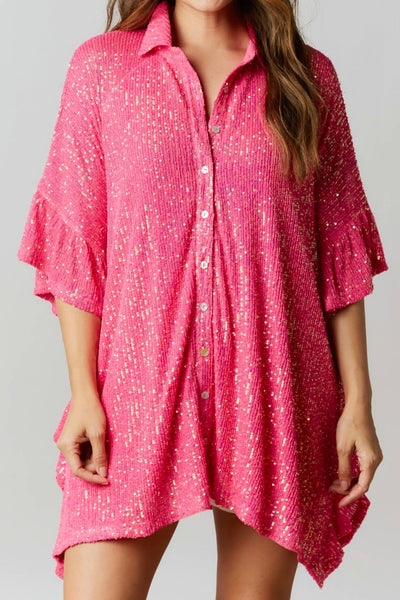 Sweet Dream Sequin Poncho Button-Down Tunic in Hot Pink