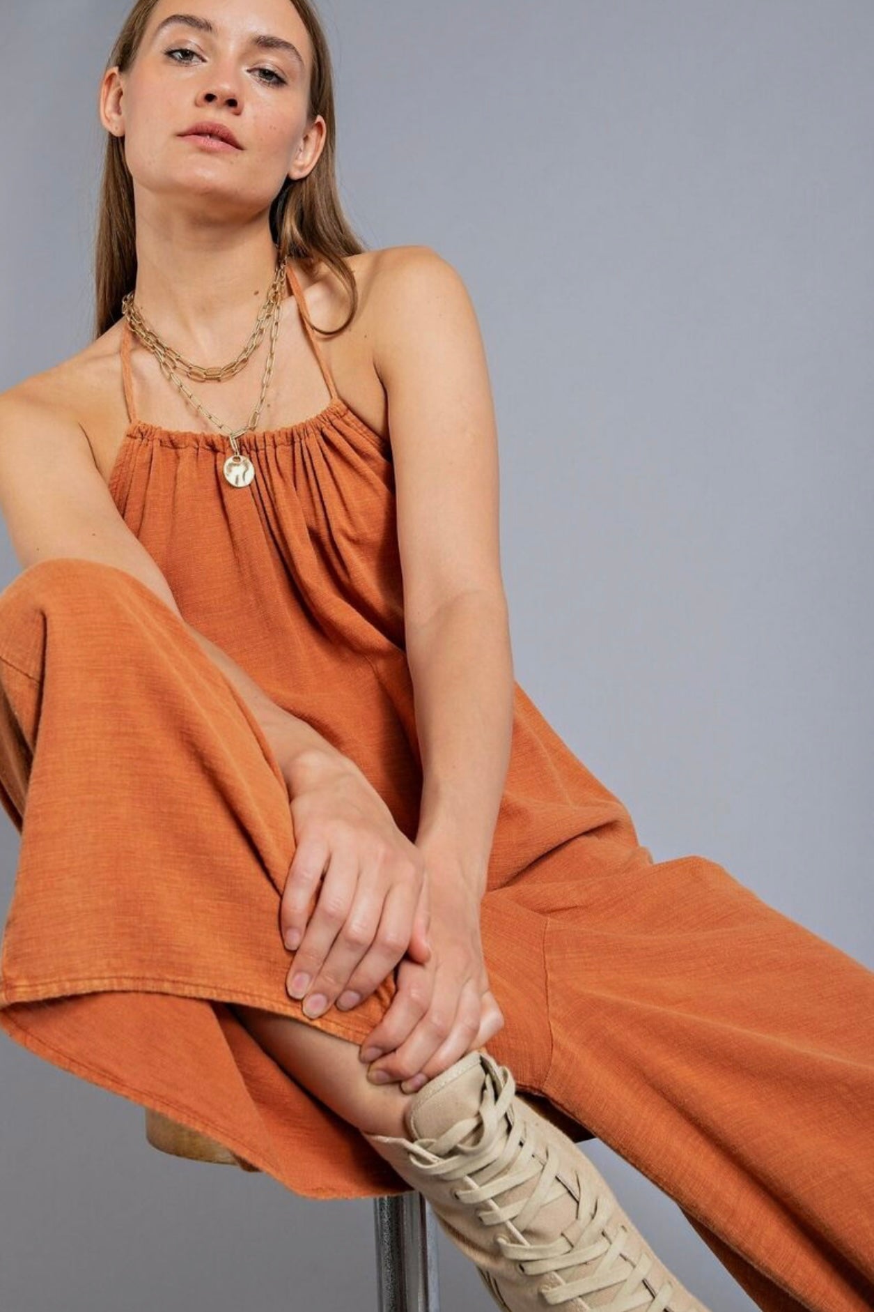 Sophia Wide Leg Washed Linen Jumpsuit in Brick