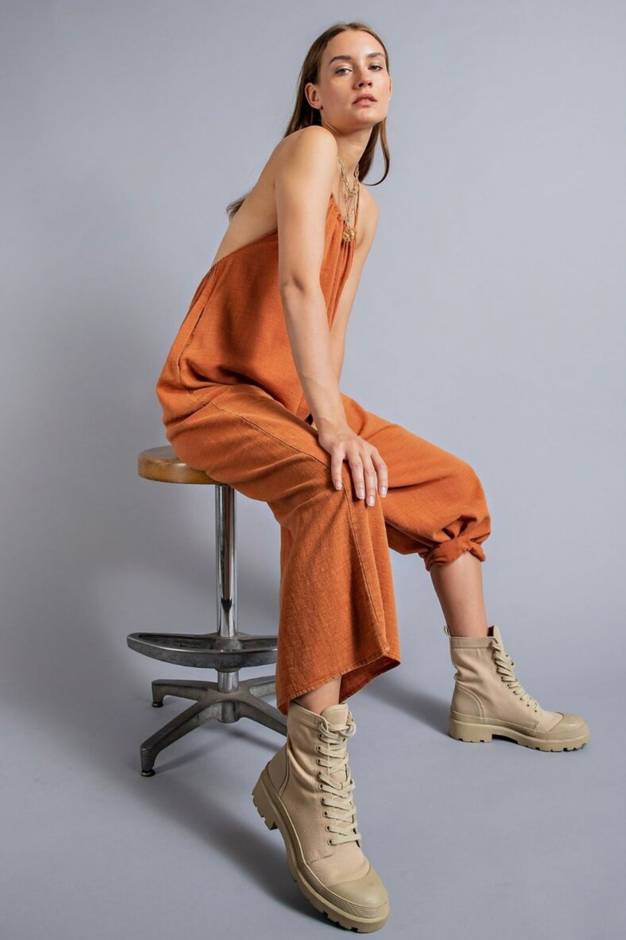 Sophia Wide Leg Washed Linen Jumpsuit in Brick