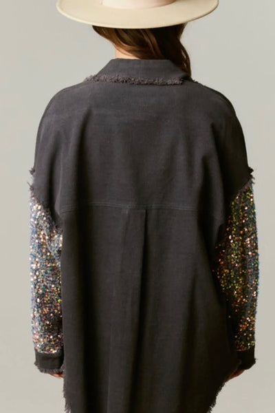 Halfway there Sequin Corduroy Shacket in Charcoal