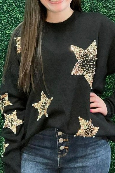 Oh My Stars Sequin + Pearls Sweater in Black
