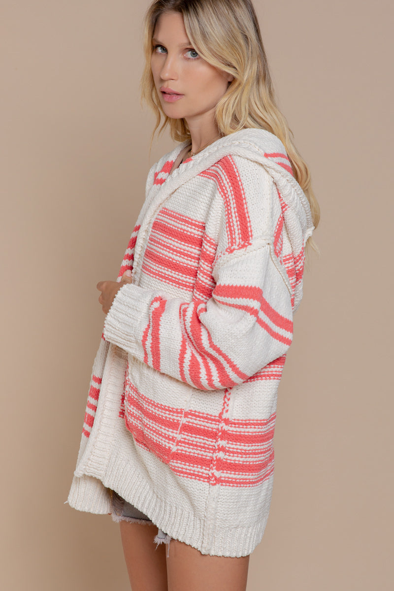 Abby Open Striped Hooded Sweater in Cherry Cream