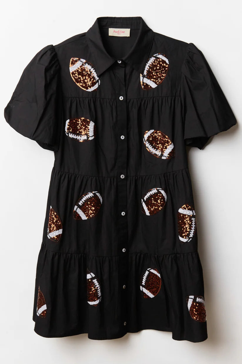 Touchdown Queen Gameday Poplin Button Down Football Dress in Black