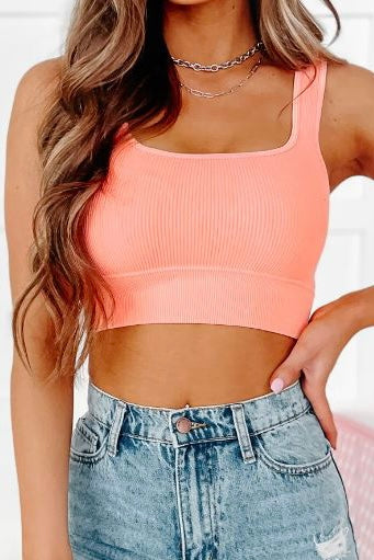 Maddie Washed Ribbed Crop Top Bralette in Neon Coral