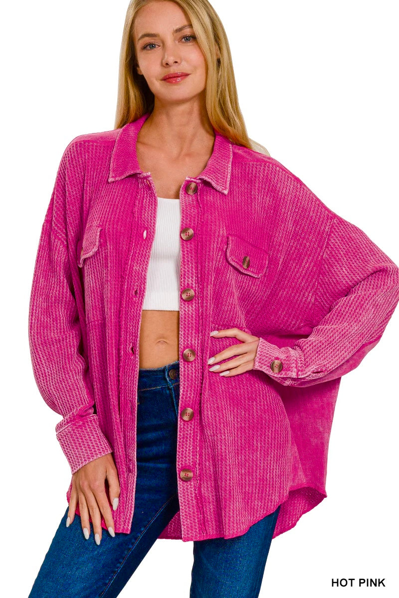 Meet You There Cotton Waffle Acid Wash Oversized Shacket in Hot Pink