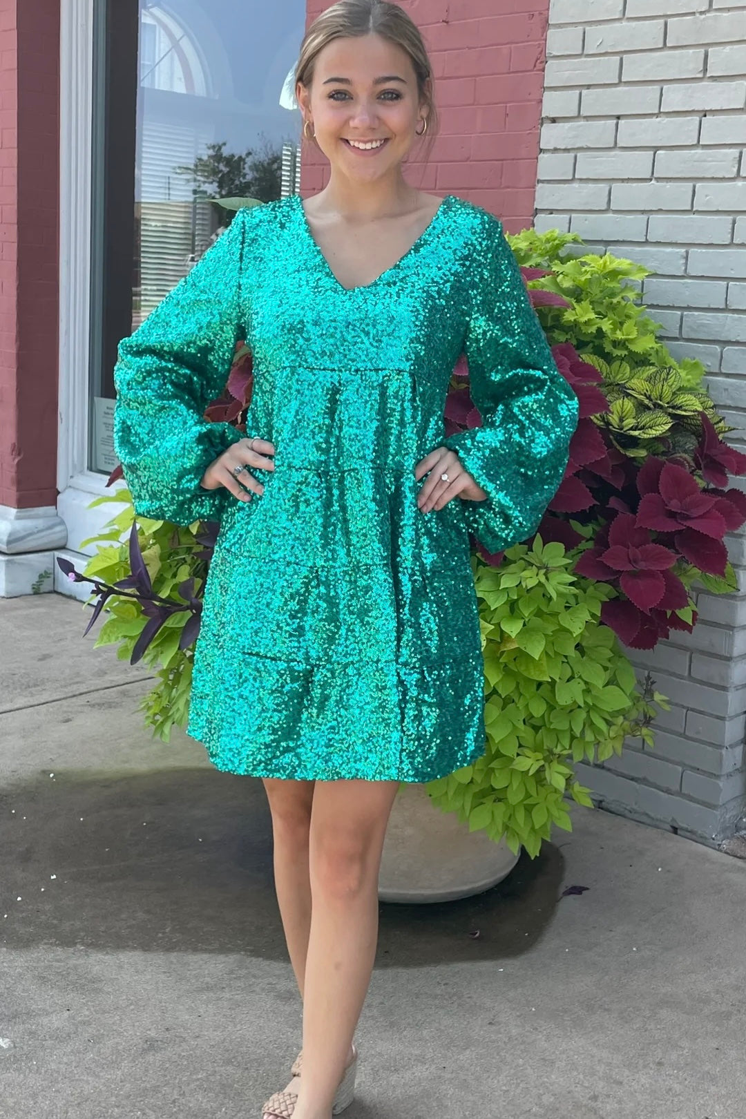 Dance The Night Away Sequin Tiered Baby Doll Dress in Green