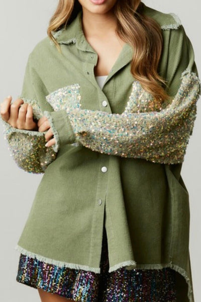 Halfway there Sequin Corduroy Shacket in Olive