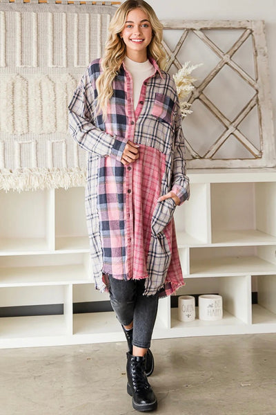 Love You a Latte Mixed Plaid Duster in Berry