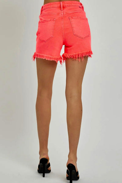 Risen Gabby Asymmetrical Distressed Shorts in Coral Pink