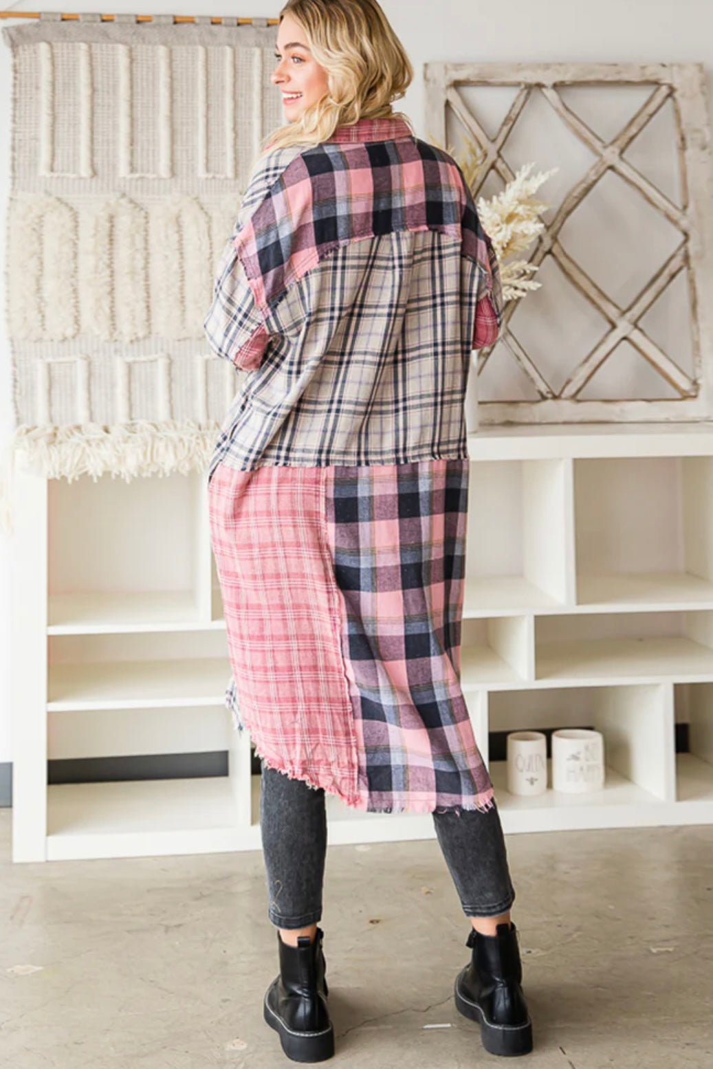 Love You a Latte Mixed Plaid Duster in Berry