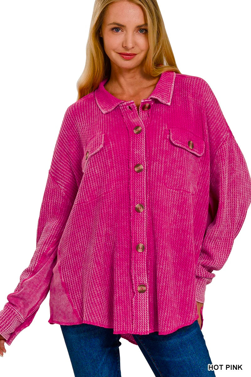 Meet You There Cotton Waffle Acid Wash Oversized Shacket in Hot Pink