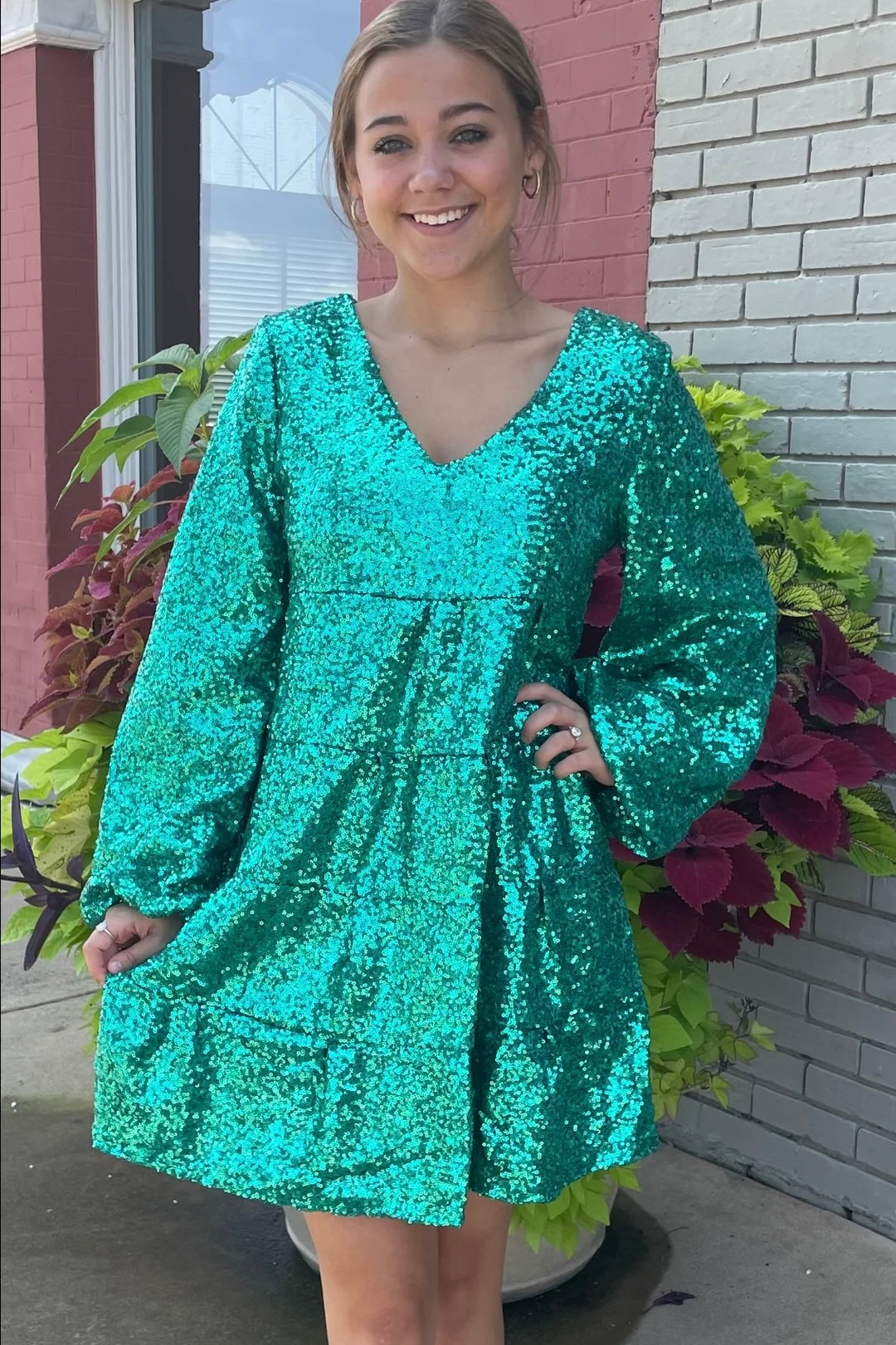 Dance The Night Away Sequin Tiered Baby Doll Dress in Green