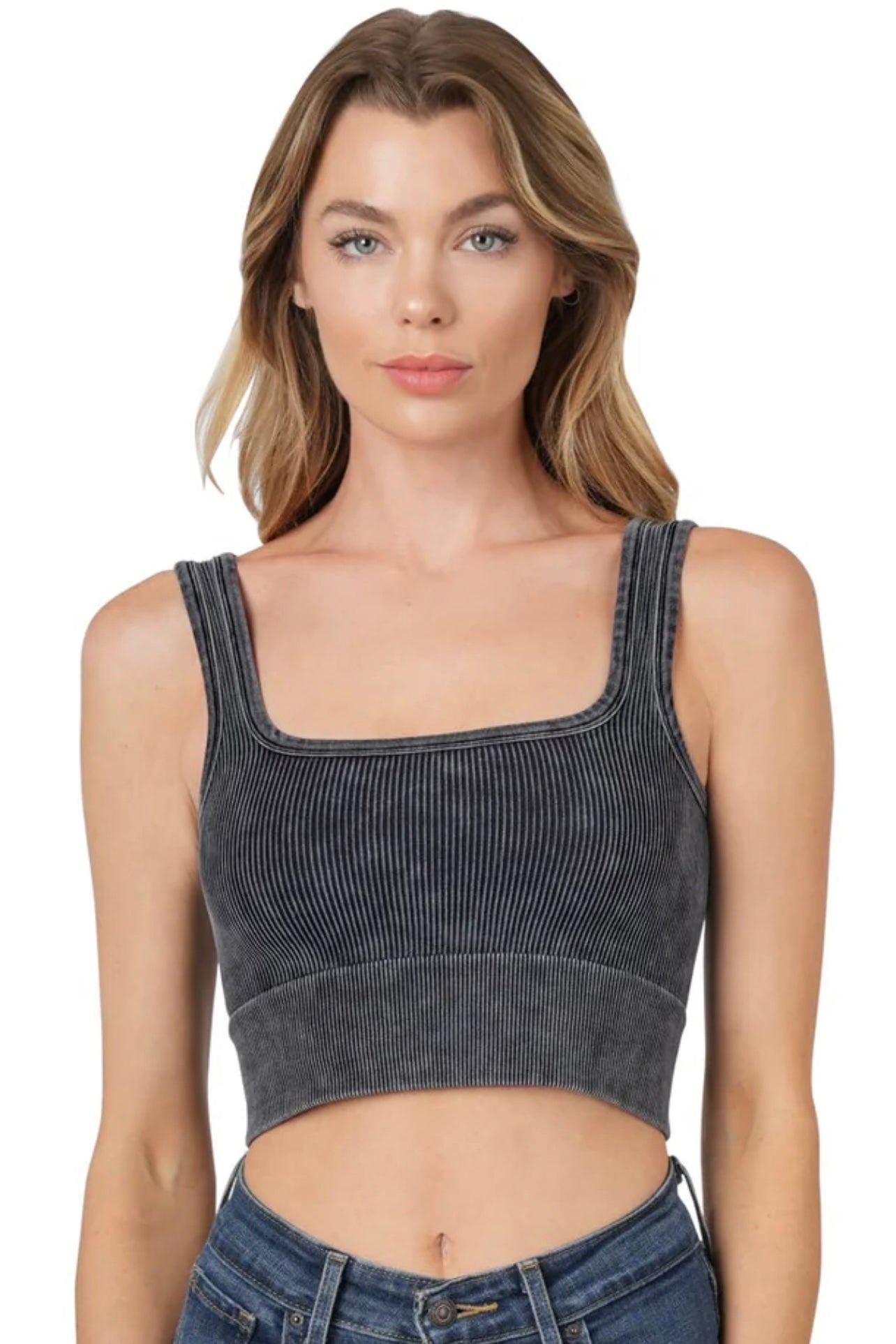 Maddie Washed Ribbed Crop Top Bralette in Black