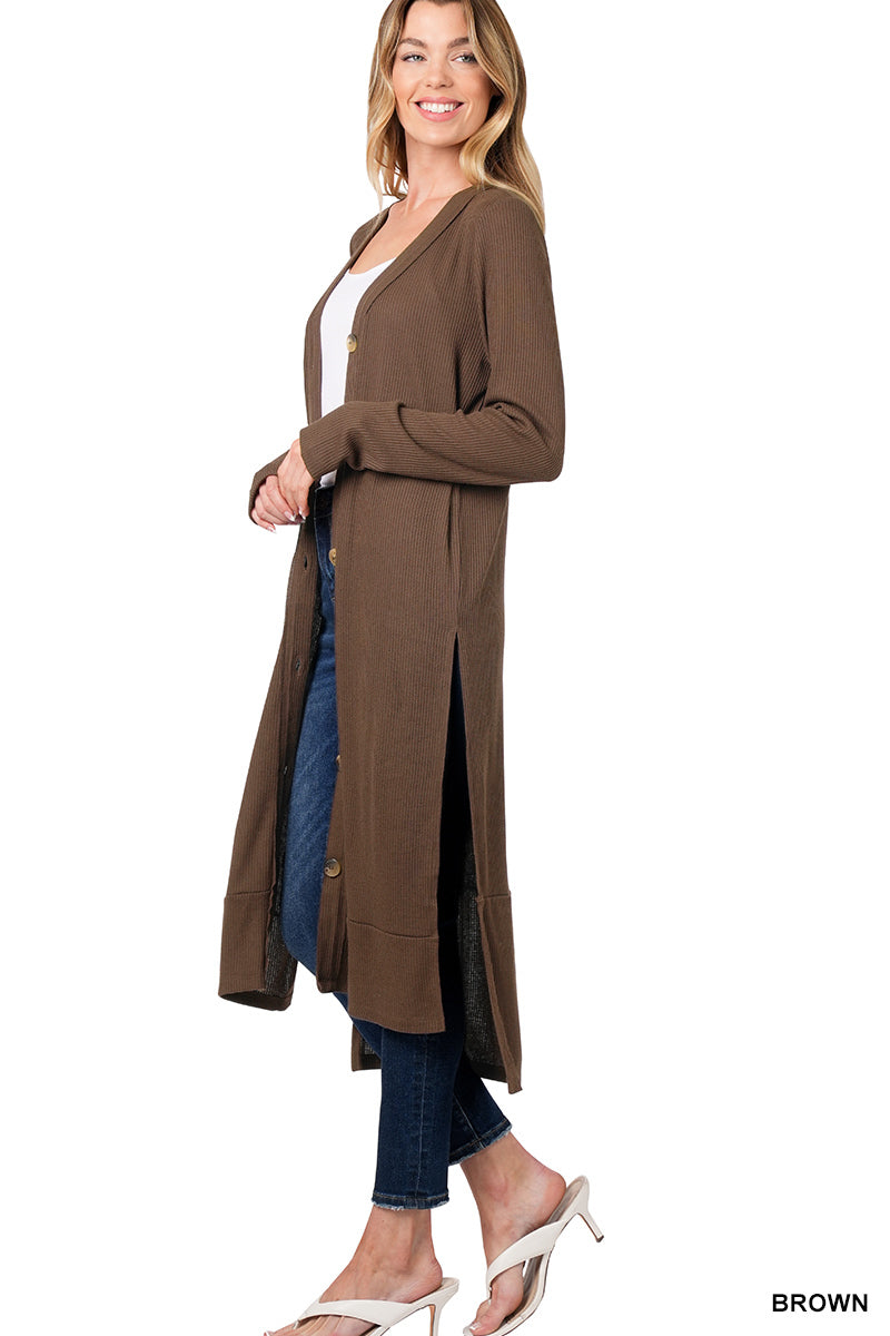 Faye Longline Ribbed Cardigan in Brown