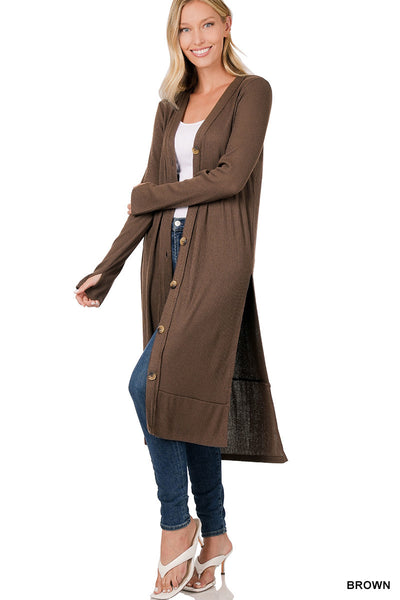 Faye Longline Ribbed Cardigan in Brown