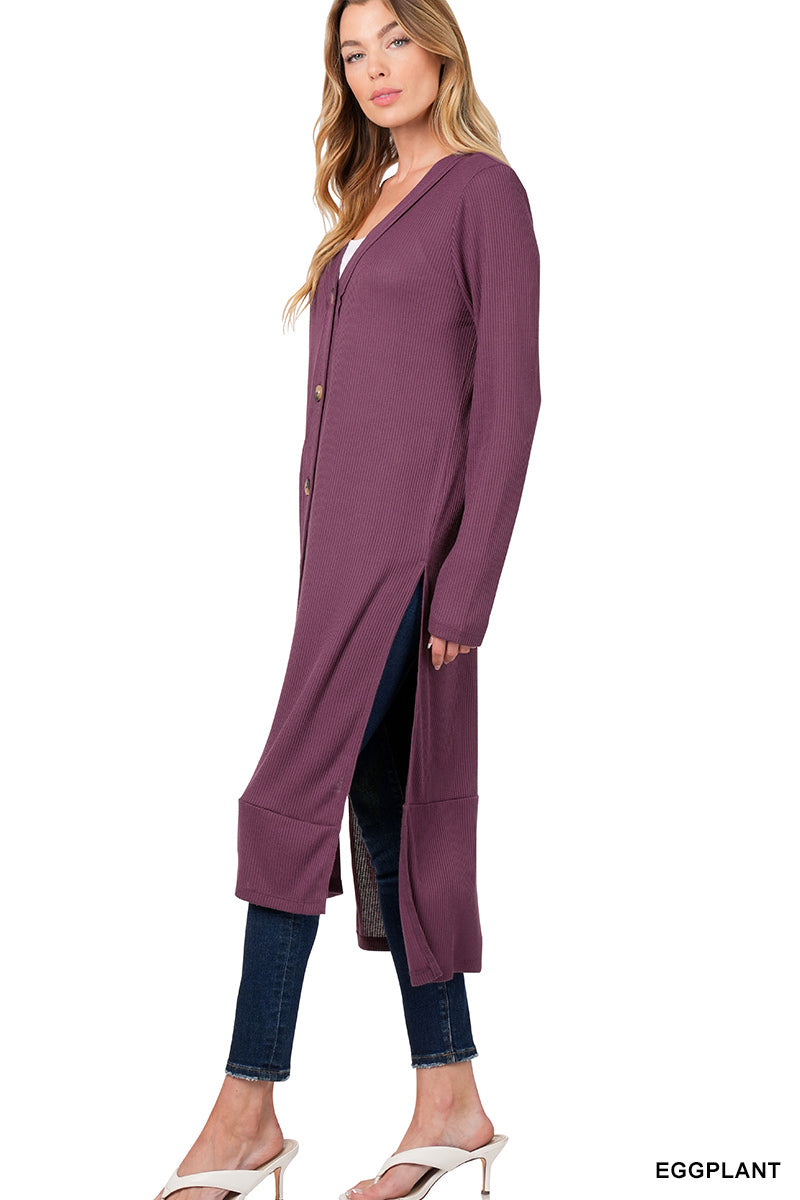 Faye Longline Ribbed Cardigan in Eggplant