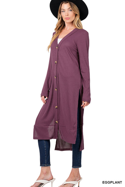 Faye Longline Ribbed Cardigan in Eggplant