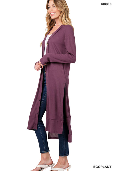 Faye Longline Ribbed Cardigan in Eggplant