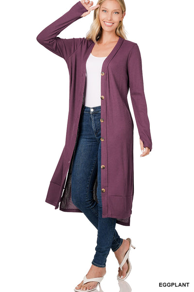 Faye Longline Ribbed Cardigan in Eggplant