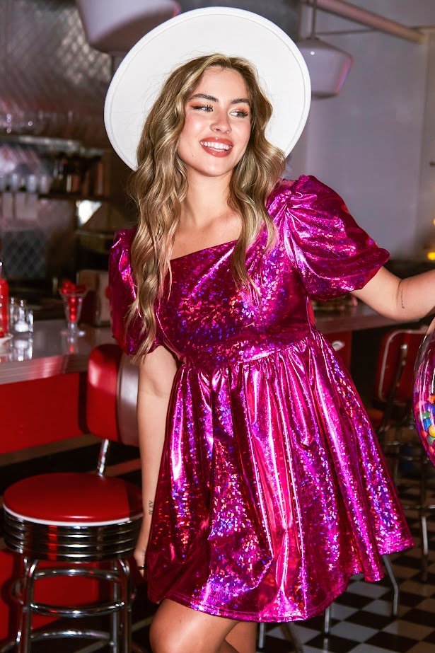 Sparkle Party Iridescent Babydoll Mini Dress in Fuchsia