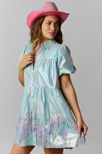 Unicorn Pop Iridescent Sequin Fringe Dress in Baby Blue Holo