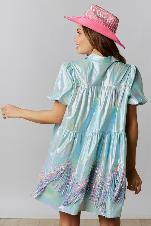 Unicorn Pop Iridescent Sequin Fringe Dress in Baby Blue Holo