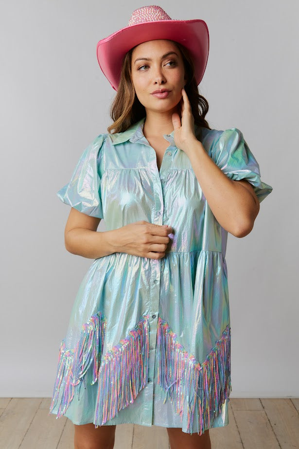 Unicorn Pop Iridescent Sequin Fringe Dress in Baby Blue Holo