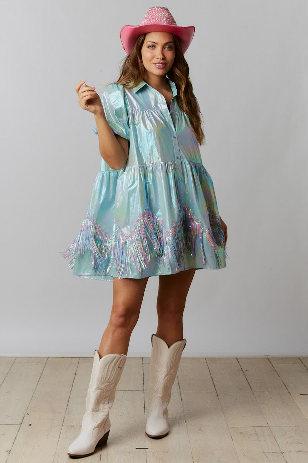 Unicorn Pop Iridescent Sequin Fringe Dress in Baby Blue Holo