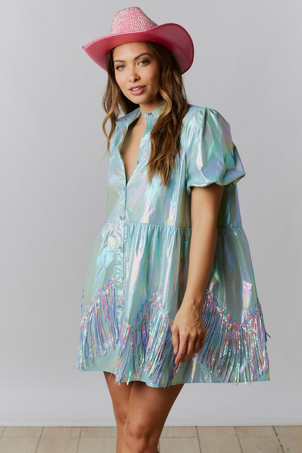 Unicorn Pop Iridescent Sequin Fringe Dress in Baby Blue Holo