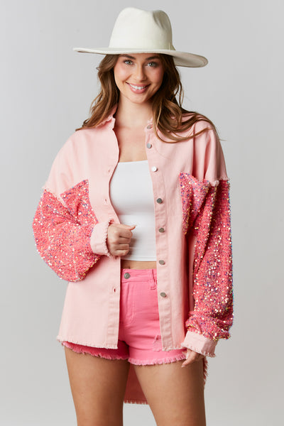 Georgia Peach Oversized Twill and Sequin Shacket in Peach