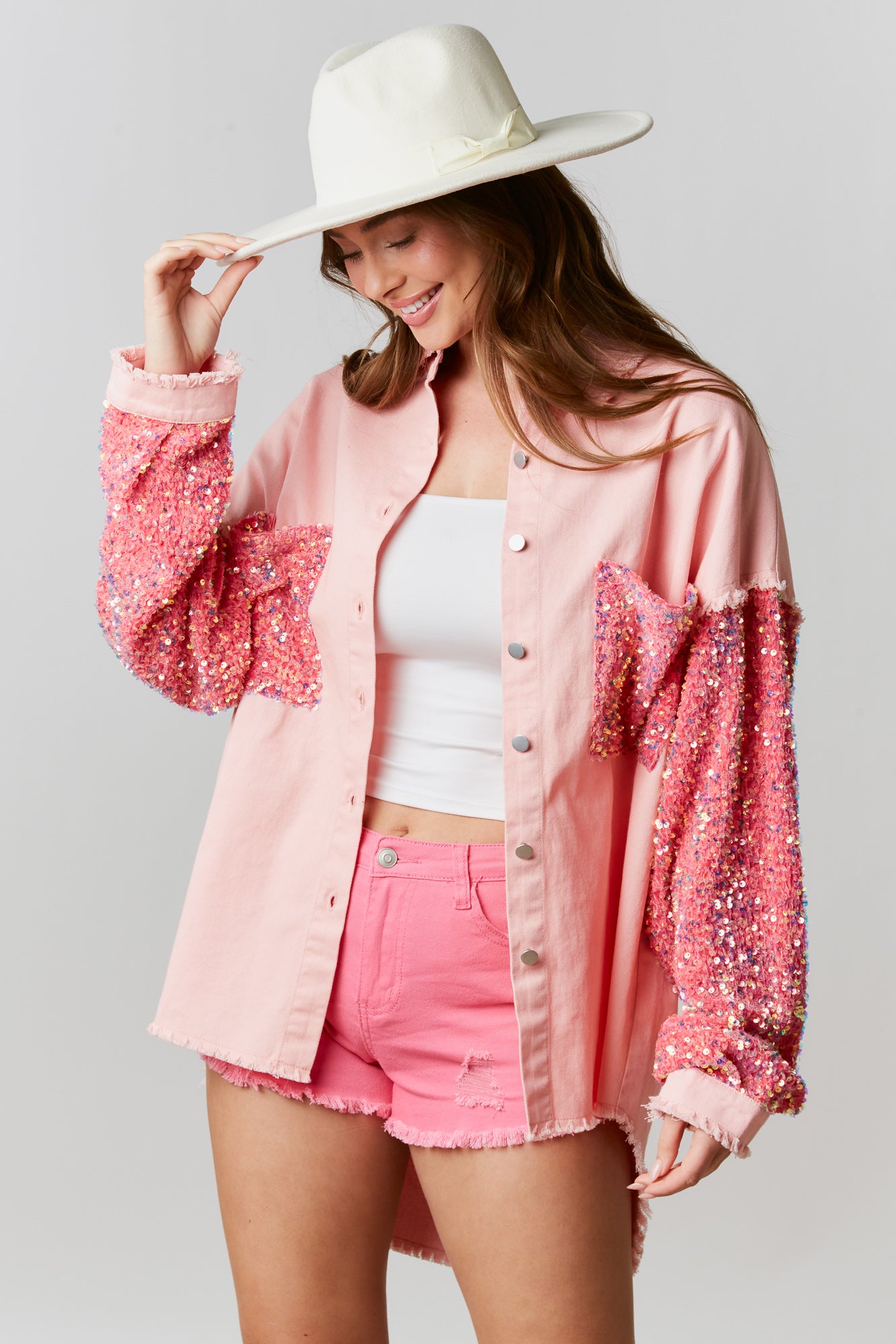 Georgia Peach Oversized Twill and Sequin Shacket in Peach