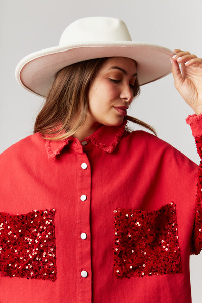 Red-y Set Go Oversized Twill and Sequin Shacket in Red