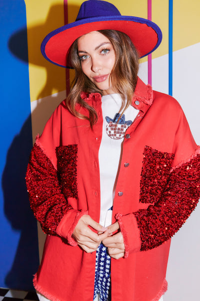 Red-y Set Go Oversized Twill and Sequin Shacket in Red
